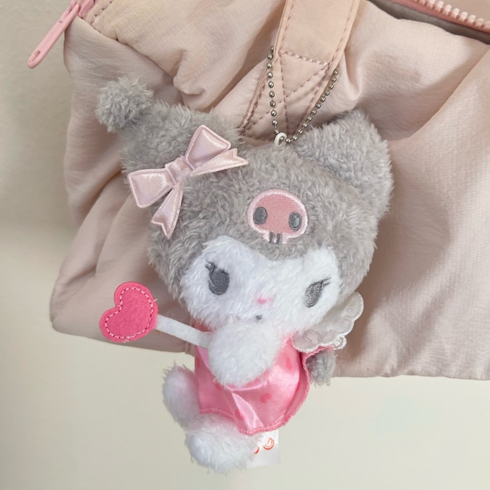 Sanrio kuromi angel wing plushCute Plush Cat Keychain with Pink and Gray Accents